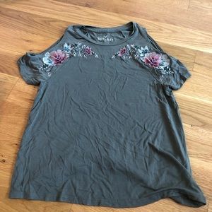 Green Floral Cut Out Shoulder Top